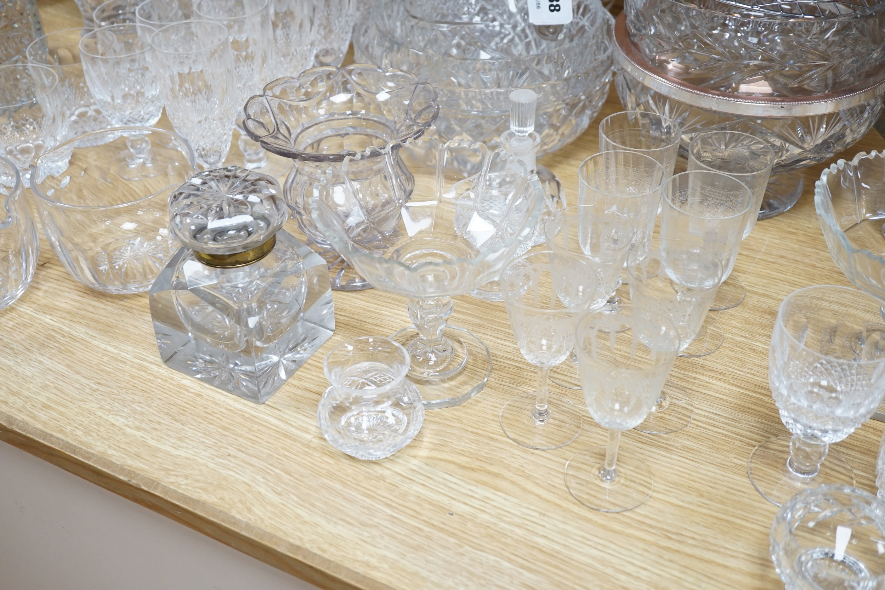 A Waterford cut crystal ‘’Colleen’’ pattern part suite of drinking glassware, together with a matching water jug and decanter and other glassware